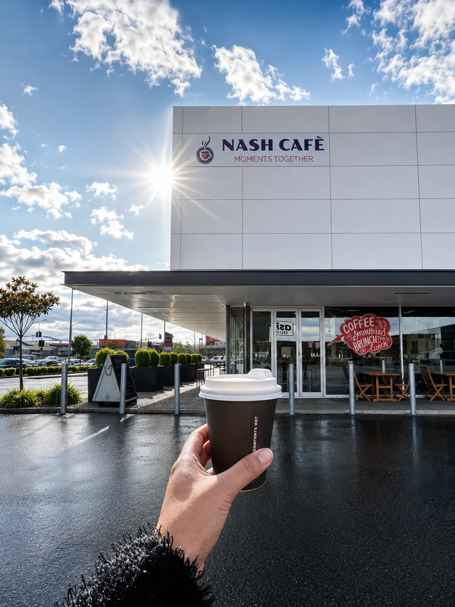 Nash Cafe exterior with a coffee held in the foreground