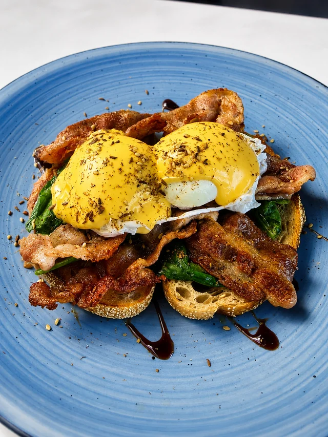 Eggs Benedict with bacon served at Nash Cafe