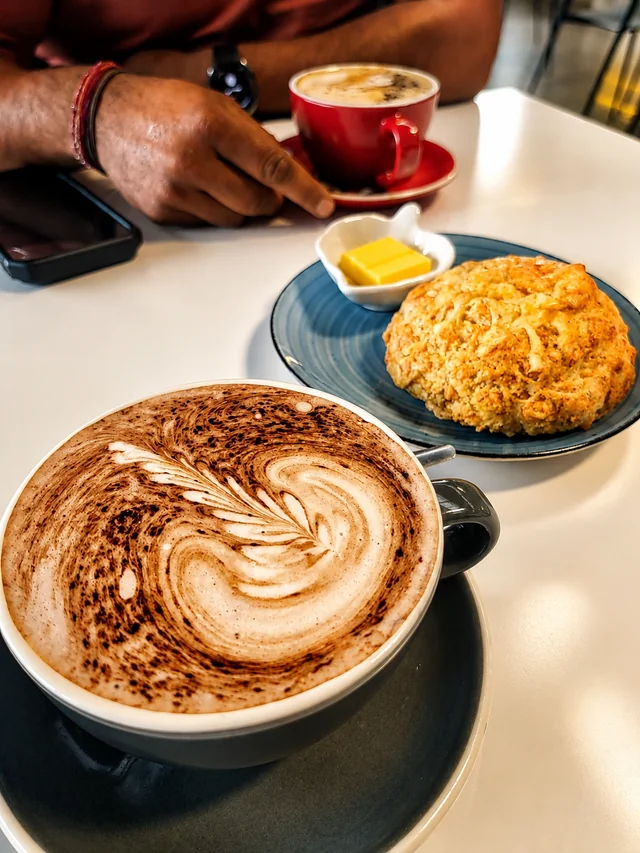 Coffee and a freshly baked scone at Nash Cafe